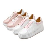 白粉色厚底平底平跟松糕跟绑带春秋季女单鞋舒适防滑休闲运动皮鞋