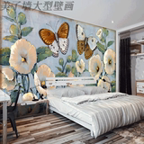 手绘艺术田园风格壁纸唯美蝴蝶花卉墙纸欧式温馨卧室背景大型壁画