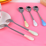 3444 韩国不锈钢勺子儿童调羹创意长柄陶瓷小汤勺可爱咖啡搅拌勺