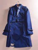16年春季新款欧美外贸尾货剪标女装批发双排扣蓝色气质风衣外套