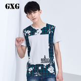 GXG男装[特惠]夏季新品潮流上衣 男士韩版蓝白色印花圆领短袖T恤