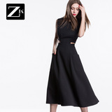 ZK黑色腰部镂空性感无袖连衣裙女中长款修身显瘦2016夏季春装新款