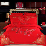 高档婚庆四件套大红全棉贡缎刺绣结婚房4六八十件套床上用品礼品
