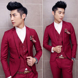 新款男西服套装男士三件套西服结婚礼服修身韩版新郎西装男版红色