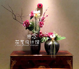 中式陶缸插花桌花，台花玄关组合插花，艺术设计感仿真绢花