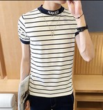 京东 2016天猫夏季新款大码短袖t恤男半高领时尚条纹修身打底衫