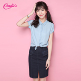 Candie's2016夏新款韩版时尚纯色短袖短款系结衬衫女30062257