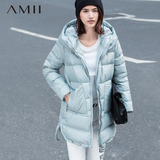 Amii旗舰店女装2015冬装新款艾米高领连帽加厚中长款羽绒服女外套