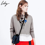Lily2015秋新款女装宽松套头衫纯色假两件毛衣115330F8602