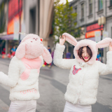 秋冬韩版新款学生加厚保暖超萌女毛绒衫卫衣 可爱小熊兔耳朵外套
