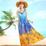 海边度假必备泰国修身雪纺长裙海滩裙沙滩裙 胖mm大码印花连衣裙