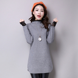 2015冬季最新款女装韩版中长款加厚针织衫圆领套头蕾丝打底毛衣女