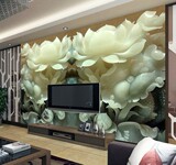 3D无缝立体大型壁画 电视背景墙纸客厅 无纺布壁纸仿玉雕中式荷花
