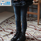 韩国童装女童 冬季新款格子补丁儿童荷叶边长裤内里加绒牛仔裙裤