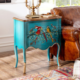 [W]奇居良品 欧式复古美式家具 蓝色手工彩绘鹦鹉卧室高脚床头柜