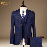 西服套装男修身韩版冬季新款商务英伦西装格子男士结婚礼服三件套