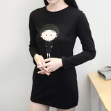 2016秋季新款韩版女装宽松卡通可爱樱桃小丸子印花中长款长袖T恤