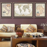 美式客厅沙发装饰画 现代书房世界地图壁挂画 复古三联墙画