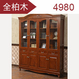 美式实木书柜书架 玻璃门书橱纯实木原木家具欧式四门书柜可定制