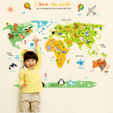 外贸卡通英文世界地图儿童书房写字台布置装饰可移除墙贴ABC1049