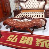 欧式卧室实木真皮床尾凳法式复古 美式雕花深色床前凳 换鞋长凳