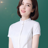 摩范生职业立领白衬衫女短袖韩版甜美修身型工装显瘦ol正装衬衣女
