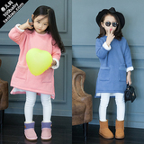 童装2015冬季新款韩版女童连衣裙加厚潮儿童可爱小口袋加绒卫衣裙