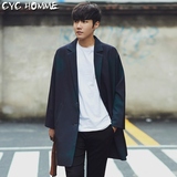Cyc Homme2016春装新款 男韩版稀有渐变色单排扣中长款风衣外套潮