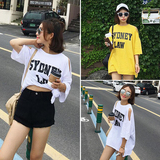 韩版2016夏季女装新款宽松中长款个性露肩字母短袖T恤上衣女夏潮