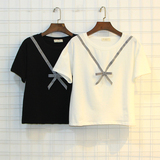 韩国新款 小清新学院风半袖短款上衣学生女夏装蝴蝶结装饰短袖T恤