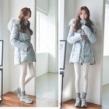 冬季新款韩国纯色长袖毛领修身学生服中长款加厚外套羽绒棉衣女