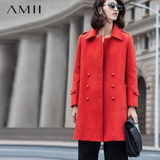 Amii女装旗舰店艾米冬装新款翻领直筒双排扣中长款毛呢外套大衣
