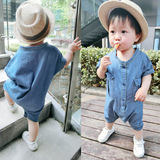 欧美夏季新品男女儿童短袖牛仔连体衣韩版宝宝婴儿牛仔工装哈衣