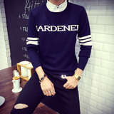 2015 秋冬款韩版男士潮流时尚条纹字母假两件衬衫领套头毛衣上衣