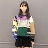 新款重工毛衣女 套头 韩国彩色拼接宽松个性粗针织衫 时尚花纹潮