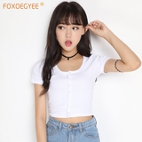 FOXDEGYEE/狐度品牌女装开衫单排扣短款露脐T恤衫上衣夏季修身