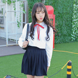 夏装韩版青少年甜美娃娃领长袖衬衣百褶裙短裙学生套装两件套裙子
