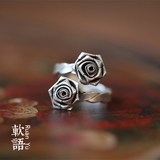 《玫瑰花茶》软语正品手工老银 泰国进口纯银编织两朵花戒指
