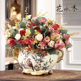 欧式复古油画玫瑰+手绘陶瓷花瓶整体花艺 假花仿真花餐桌花艺