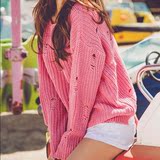韩国代购2015秋装甜美粉嫩镂空破洞宽松大码套头毛衣女长袖针织衫