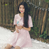 LRUD2016夏季新款韩版条纹娃娃领连衣裙女高腰显瘦百褶A字裙短裙