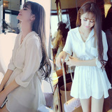 新款白色气质衬衫裙POLO领单排扣中袖修身显瘦休闲雪纺连衣裙夏季