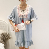 现货：韩国代购 Naning9正品 新款女装 民族风条纹甜美褶边连衣裙