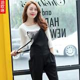 迪欧琳2016春夏韩版休闲套装 女圆领中袖斑马T恤女背带长裤两件套