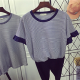2016夏季女装韩国小清新休闲宽松荷叶袖黑白条纹t恤女短袖