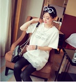 2016春季新款女韩版中长款蕾丝打底衫假两件短袖字母T恤