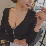 夜店女装修身长袖t恤女夏季上衣学生韩版短款薄款低胸性感打底衫