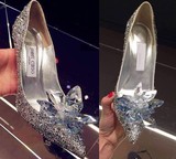 2016新款jc欧美春秋灰姑娘水晶银色水钻尖头高跟细跟新娘婚单女鞋