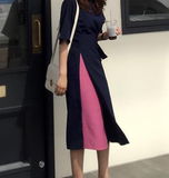 韩国订单 气质名媛小香风女人味系带收腰显瘦中袖の连衣裙