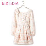 印花连衣裙lizlisa2016春新款方领6001甜美收腰显瘦长袖连衣裙女